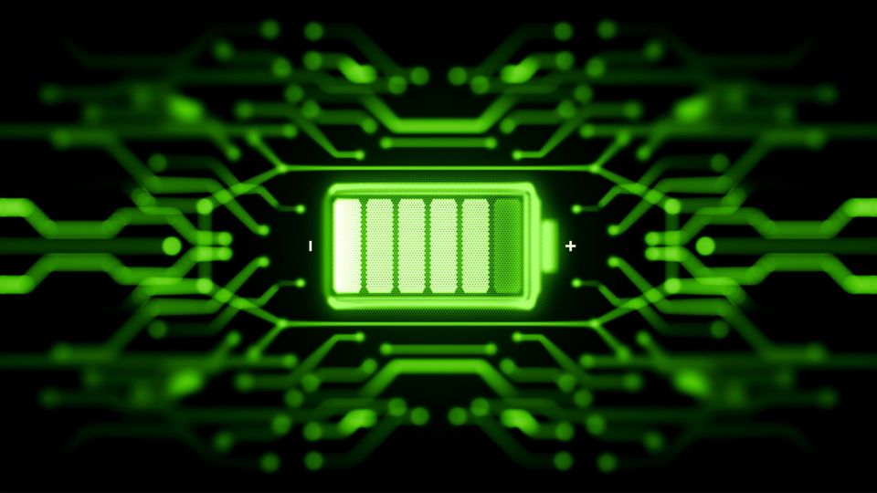 Green battery icon surrounded by circuitry.