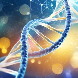 Blue DNA double helix on a blue and yellow background. 