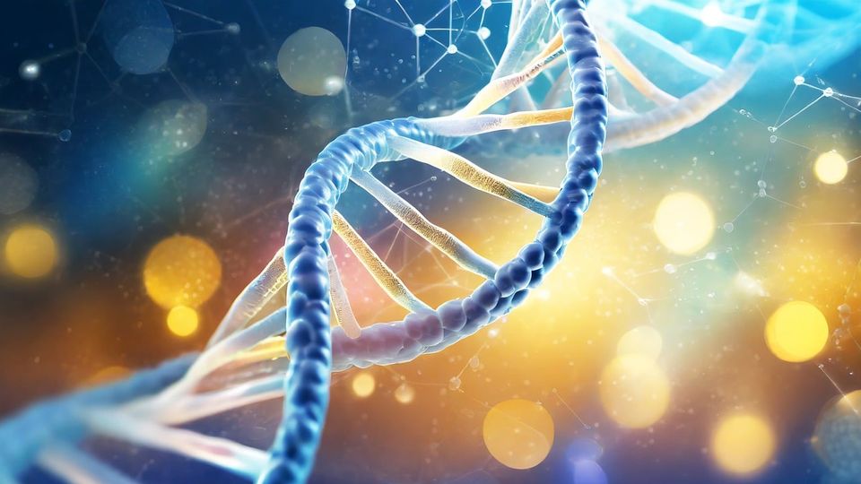 Blue DNA double helix on a blue and yellow background.