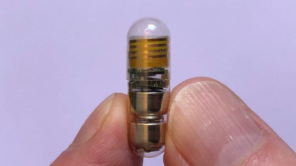 A close up of someone holding the pill sized device in their fingers.