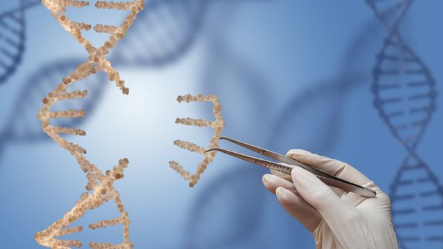 A hand holding a pair of tweezers, plucking a section of DNA. 